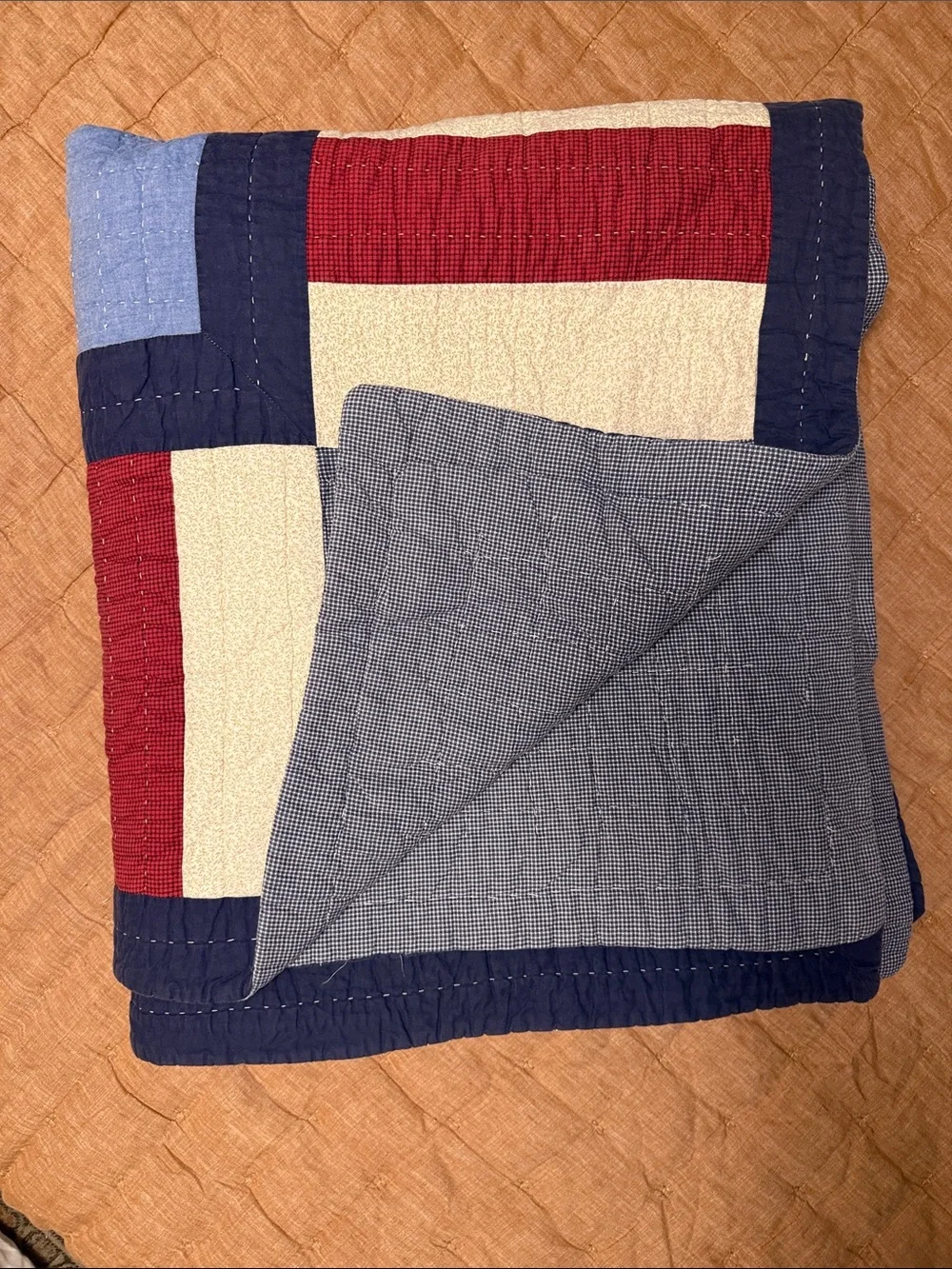 Patriotic Hand Stitched Teddy Bear Quilt in Blue & Red - Double Sided - King